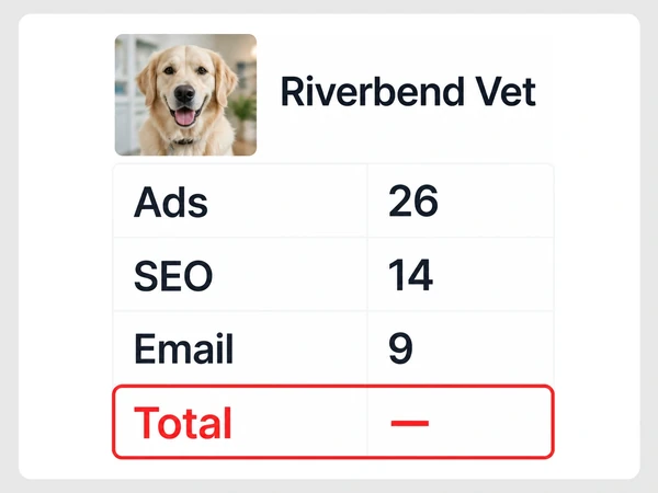 Riverbend Vet lists Ads 26, SEO 14, and Email 9 while Total remains a red dash.