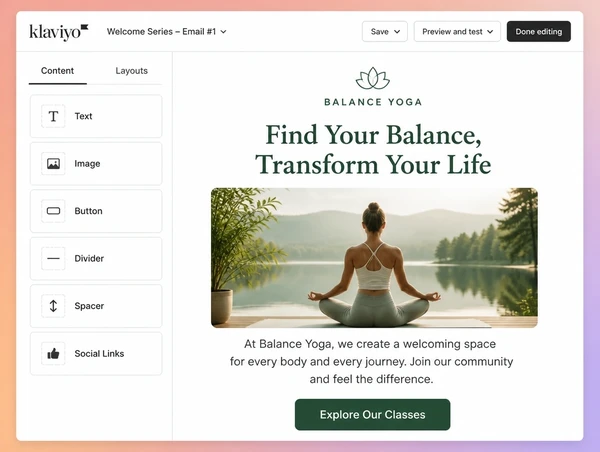 A yoga studio email in Klaviyo carrying the same headline as the website