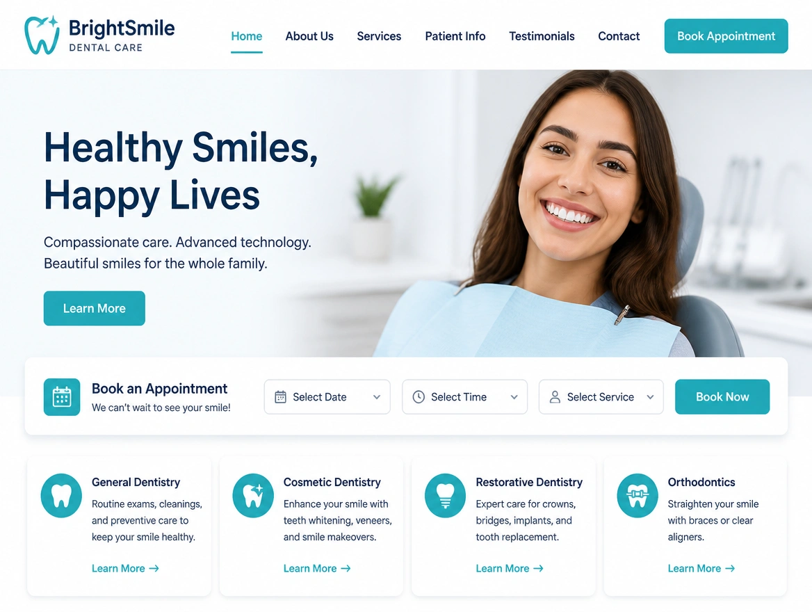 A dental clinic homepage with an appointment booking bar