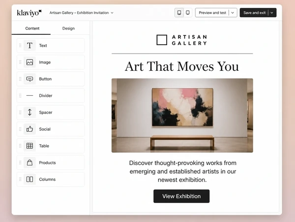 An art gallery email in Klaviyo carrying the same headline as the website
