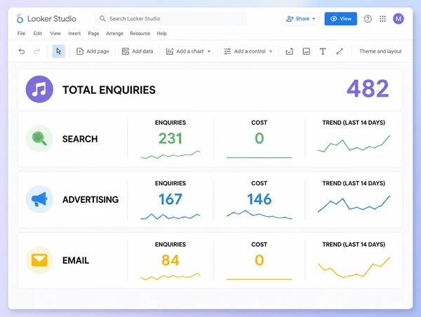 One dashboard pulling every music school channel into a single enquiry count