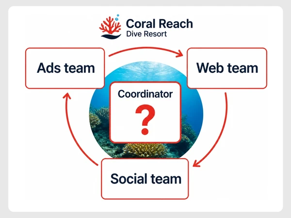 Coral Reach Dive Resort shows Ads, Web, and Social teams looping around an unknown Coordinator.