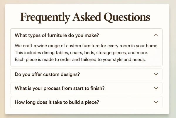 A furniture maker questions page with four questions and the first answer open