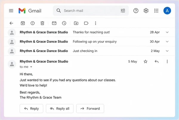 A Gmail thread of three follow-up messages from a dance studio to one customer