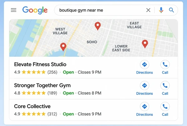 A local map pack listing three boutique gym businesses with ratings and call buttons