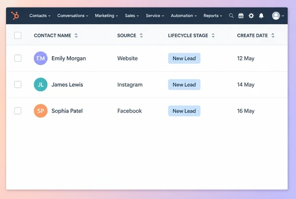 Three new patisserie enquiries listed in HubSpot with the source of each