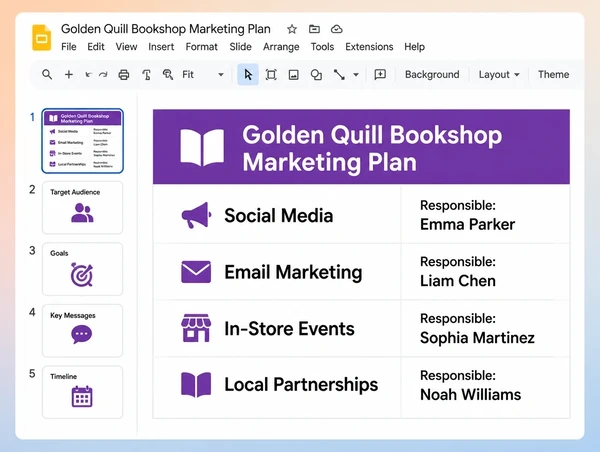 A one page plan giving each bookshop marketing channel a named owner