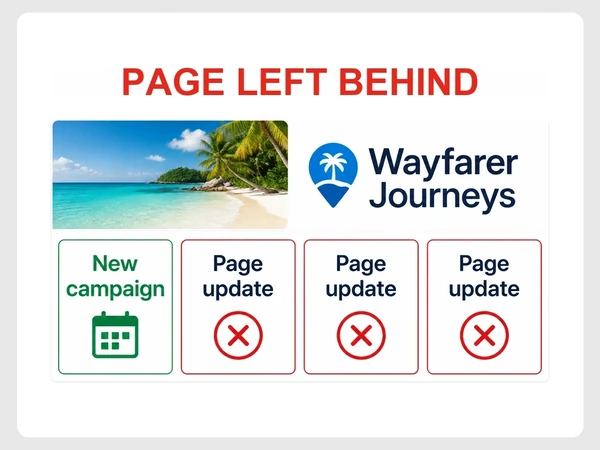 Wayfarer Journeys shows one New campaign cell followed by three failed Page update cells.