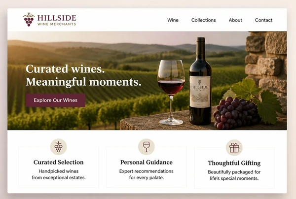 A wine merchant home page with a hero photograph and three service cards
