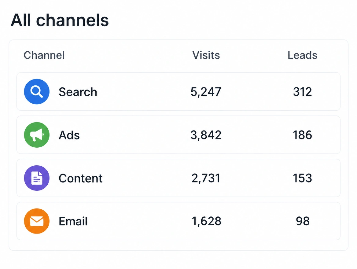 A results panel with four channel rows each showing visits and leads