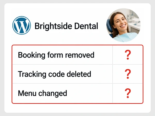 Brightside Dental's WordPress log shows three site changes with question marks for who was told.
