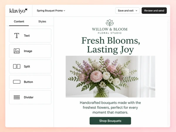 A florist email in Klaviyo carrying the same headline as the website
