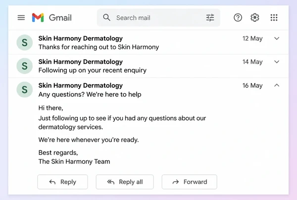 A Gmail thread of three follow-up messages from a dermatology clinic to one customer