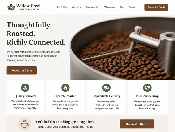 A homepage for a coffee roastery with a request a quote button