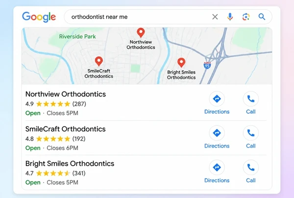 A local map pack listing three orthodontic practice businesses with ratings and call buttons