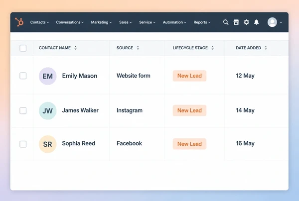 Three new photography studio enquiries listed in HubSpot with the source of each