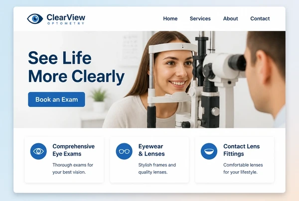 An optometry practice home page with a hero photograph and three service cards