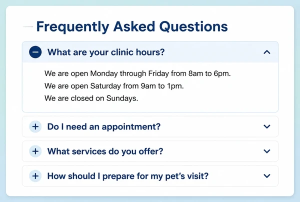 A veterinary practice questions page with four questions and the first answer open