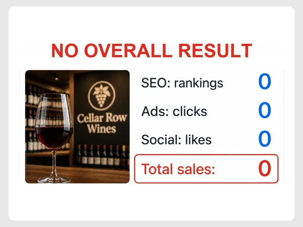 Cellar Row Wines reports SEO rankings, ad clicks, and social likes but leaves total sales unknown.