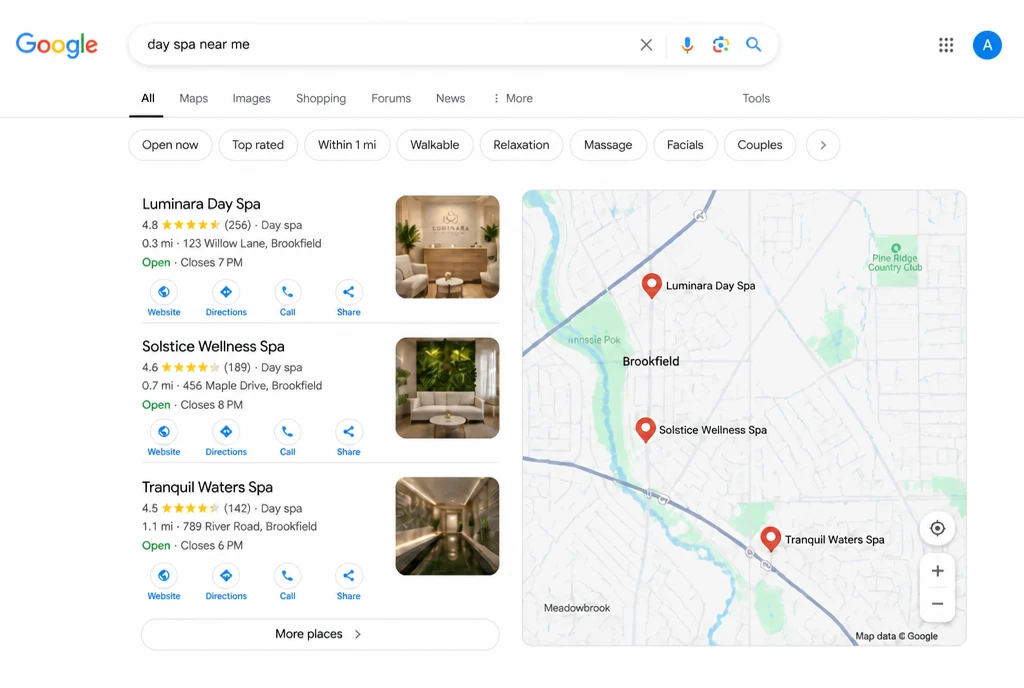 A search results page with a day spa listed first