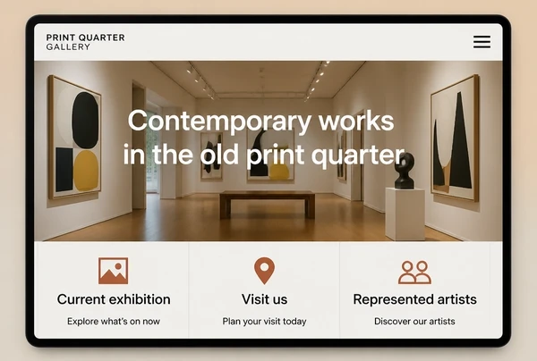 An art gallery home page with an exhibition photograph and three short linked blocks