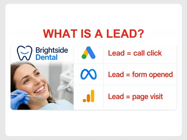 Brightside Dental reports define a lead as a call click, form opening, or page visit.