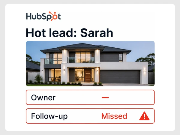 Harbourline Realty HubSpot record shows hot lead Sarah without an owner and with follow-up missed.