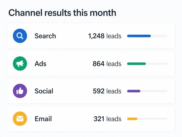 A results panel with search, ads, social and email rows and a lead count each