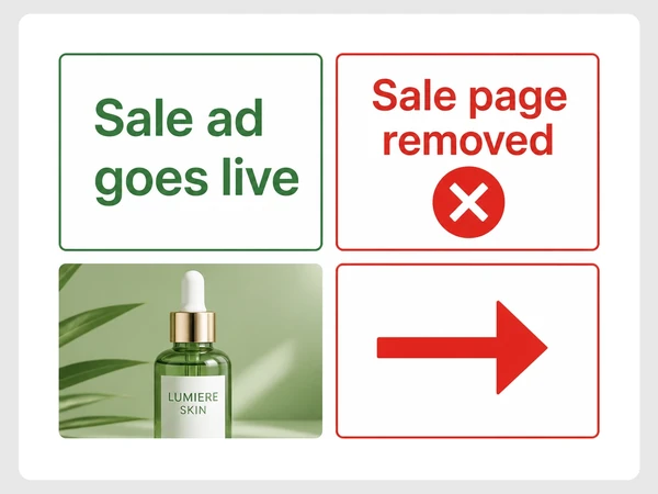 Lumiere Skin calendar shows a sale ad launching the same day its sale page is removed.