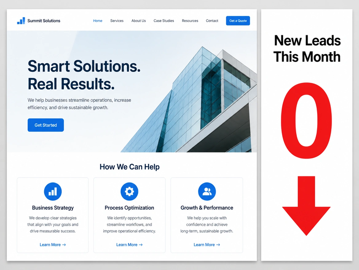 A smart looking business website beside an leads panel reading zero new leads