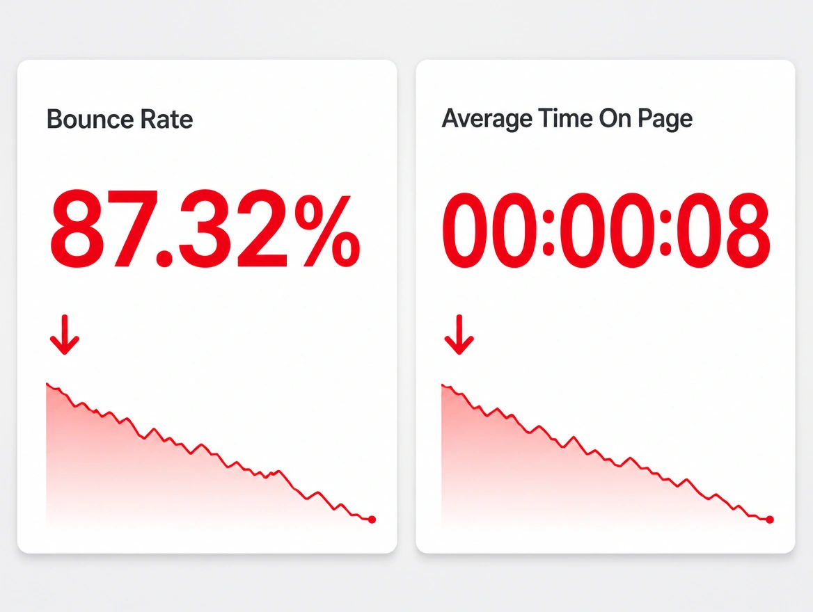 An analytics panel showing a high bounce rate and a session lasting seconds