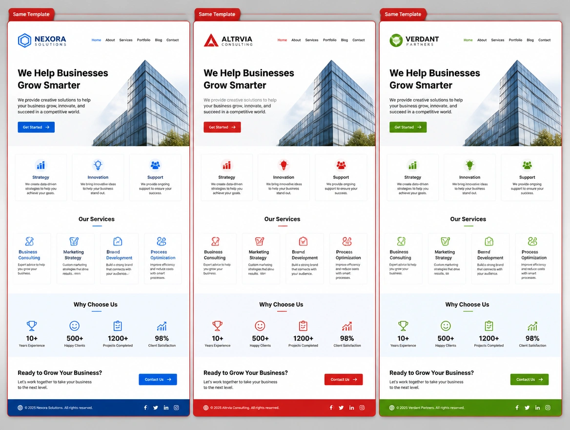 Four near identical template homepages differing only in colour