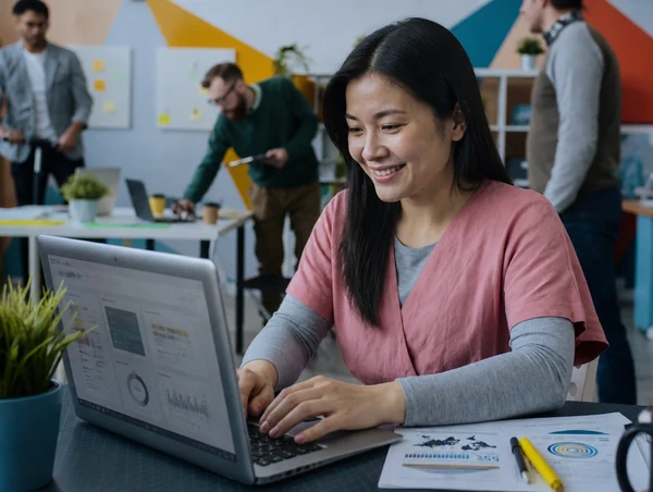 Smiling Chinese Malaysian woman uses a laptop with a campaign dashboard in a busy open office, with printed charts on the desk