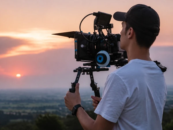 Chinese Malaysian videographer in a cap films with a rigged cinema camera on a shoulder mount at sunset over a valley