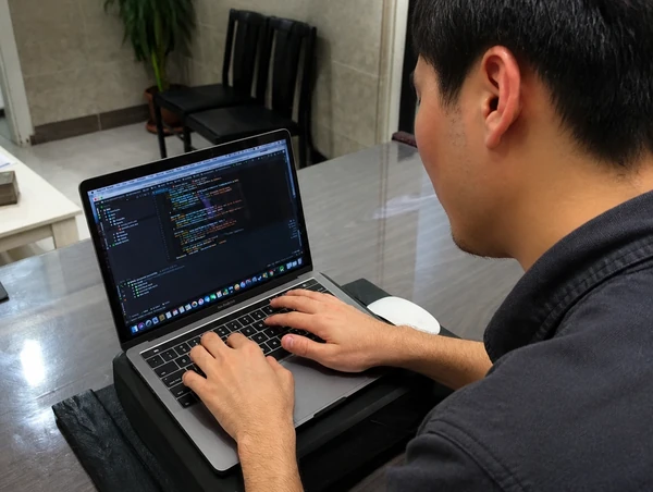 Chinese Malaysian web developer types on a laptop showing code in a dark code editor