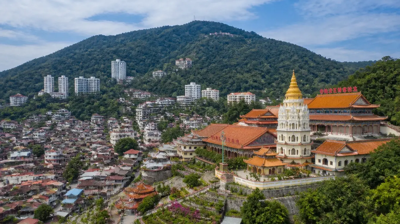An overview of Air Itam in Penang with the Kek Lok Si temple above the housing