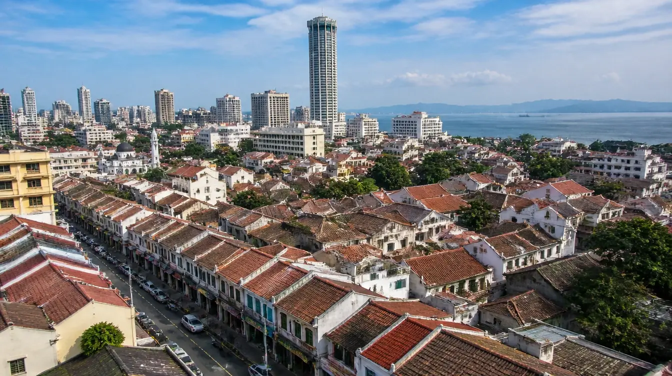 An overview of the George Town heritage core in Penang with the sea beyond