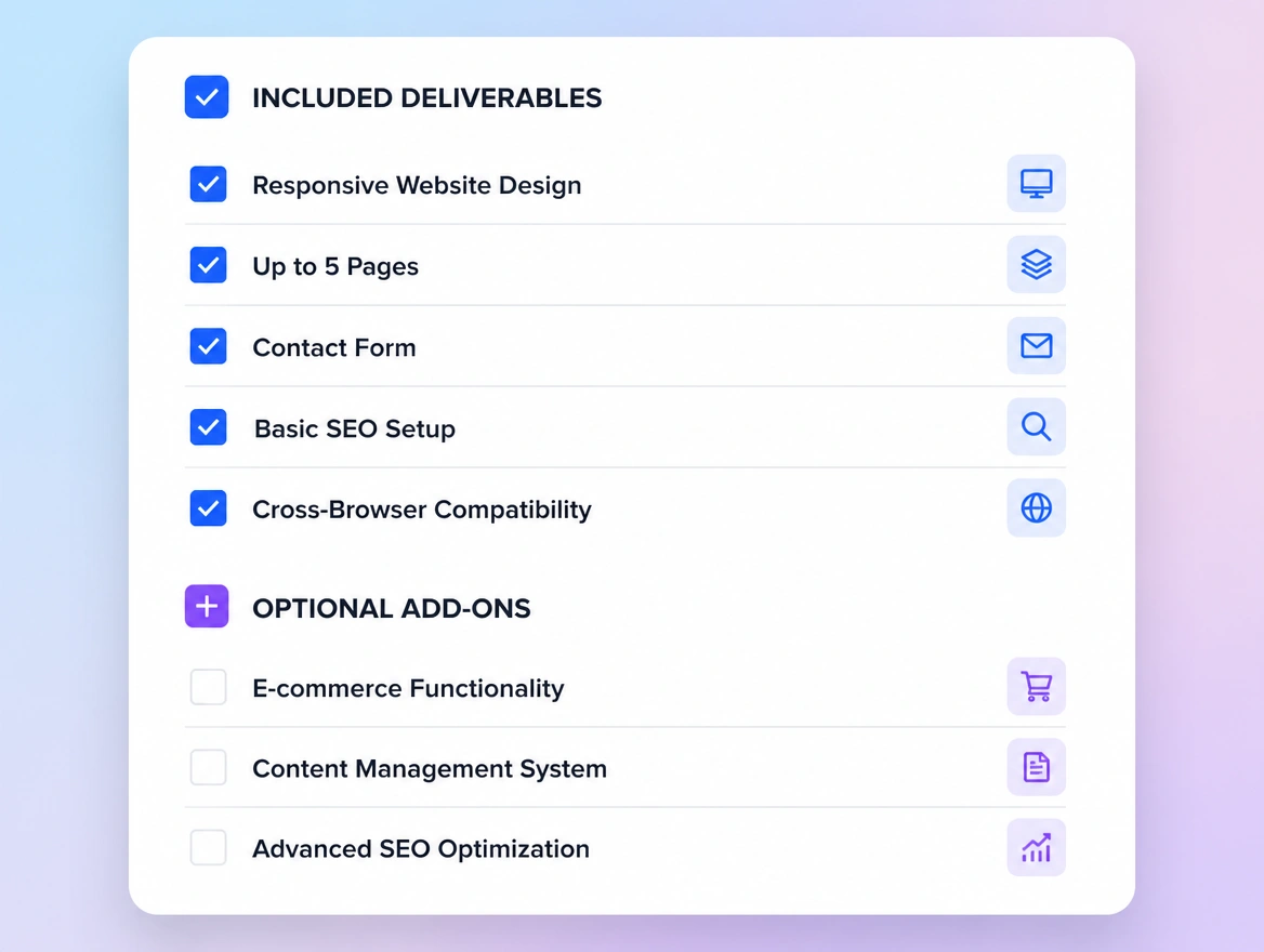 A close view of a quote listing included deliverables and optional add-ons with checkboxes
