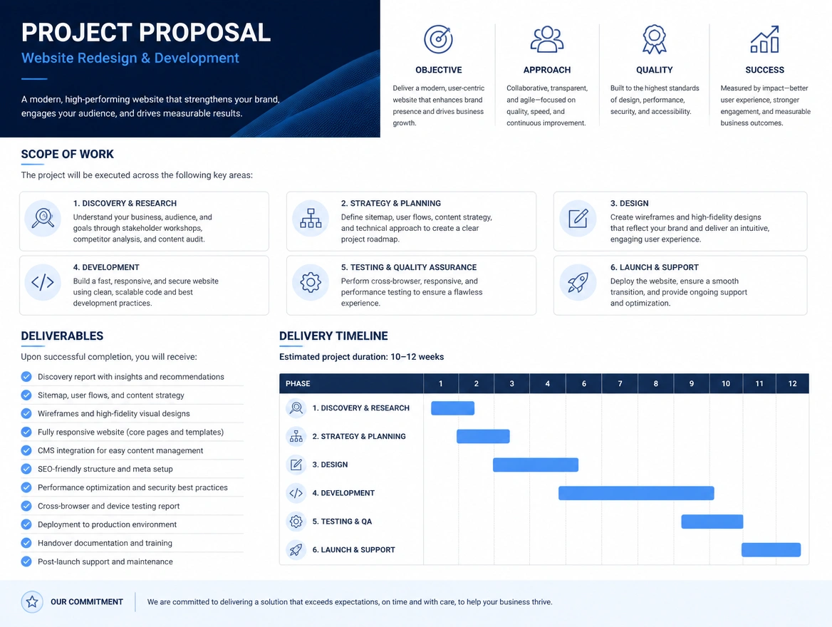 A project proposal showing scope of work, deliverables and a delivery timeline