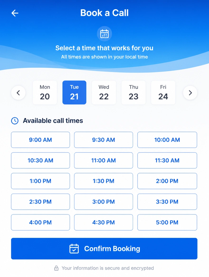 Mobile booking screen showing available times for a call