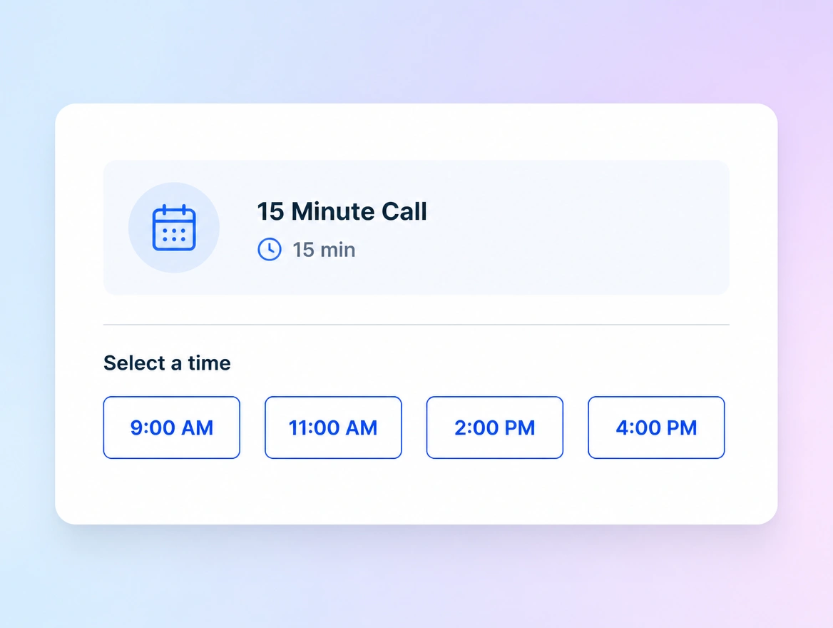 A close view of a booking panel for a 15 minute call with four available times