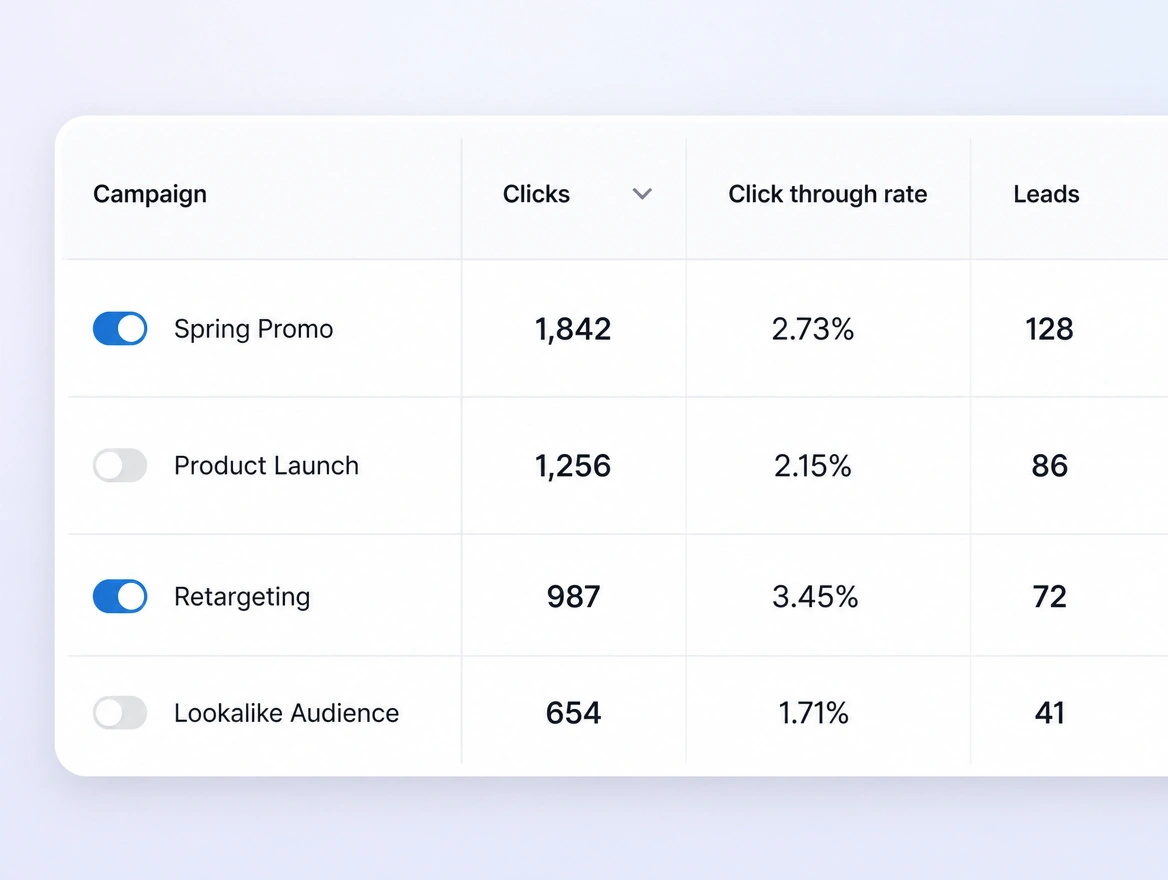 A close view of an ads manager showing clicks, click through rate and leads per campaign