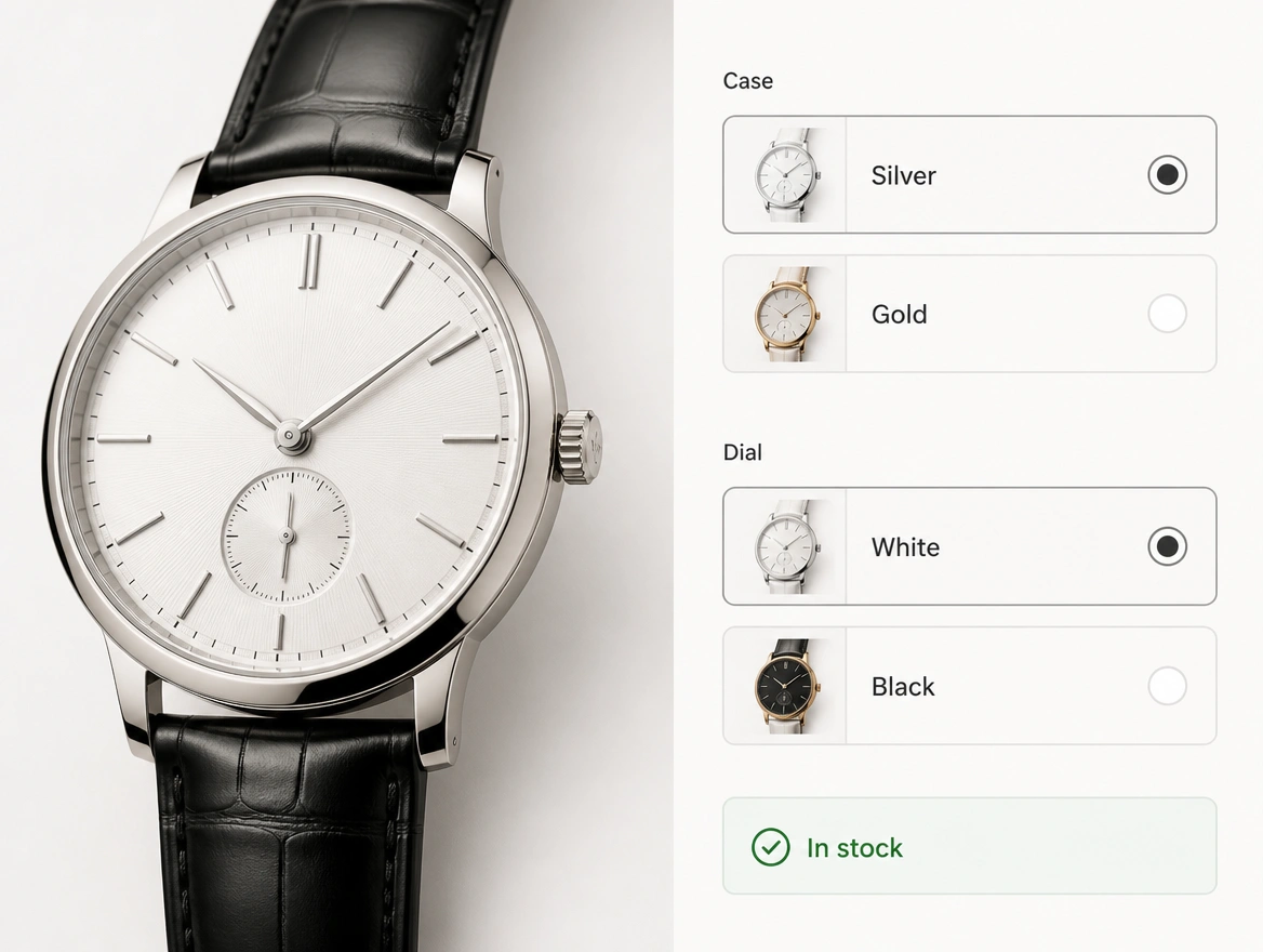 A close view of an online store product page showing variant options and stock status