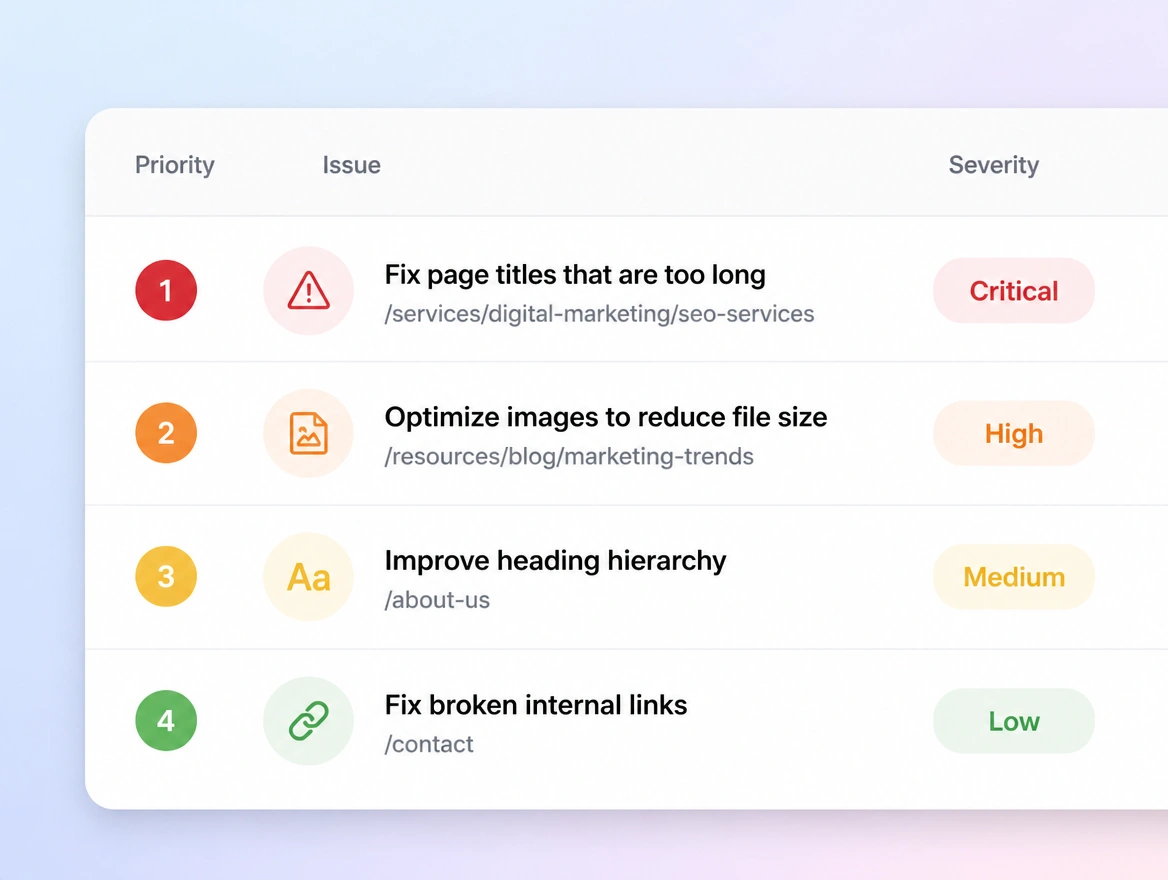 A close view of a site audit listing fixes in priority order with severity labels