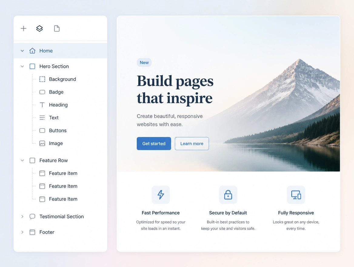 A close view of a website builder page tree beside the live page preview