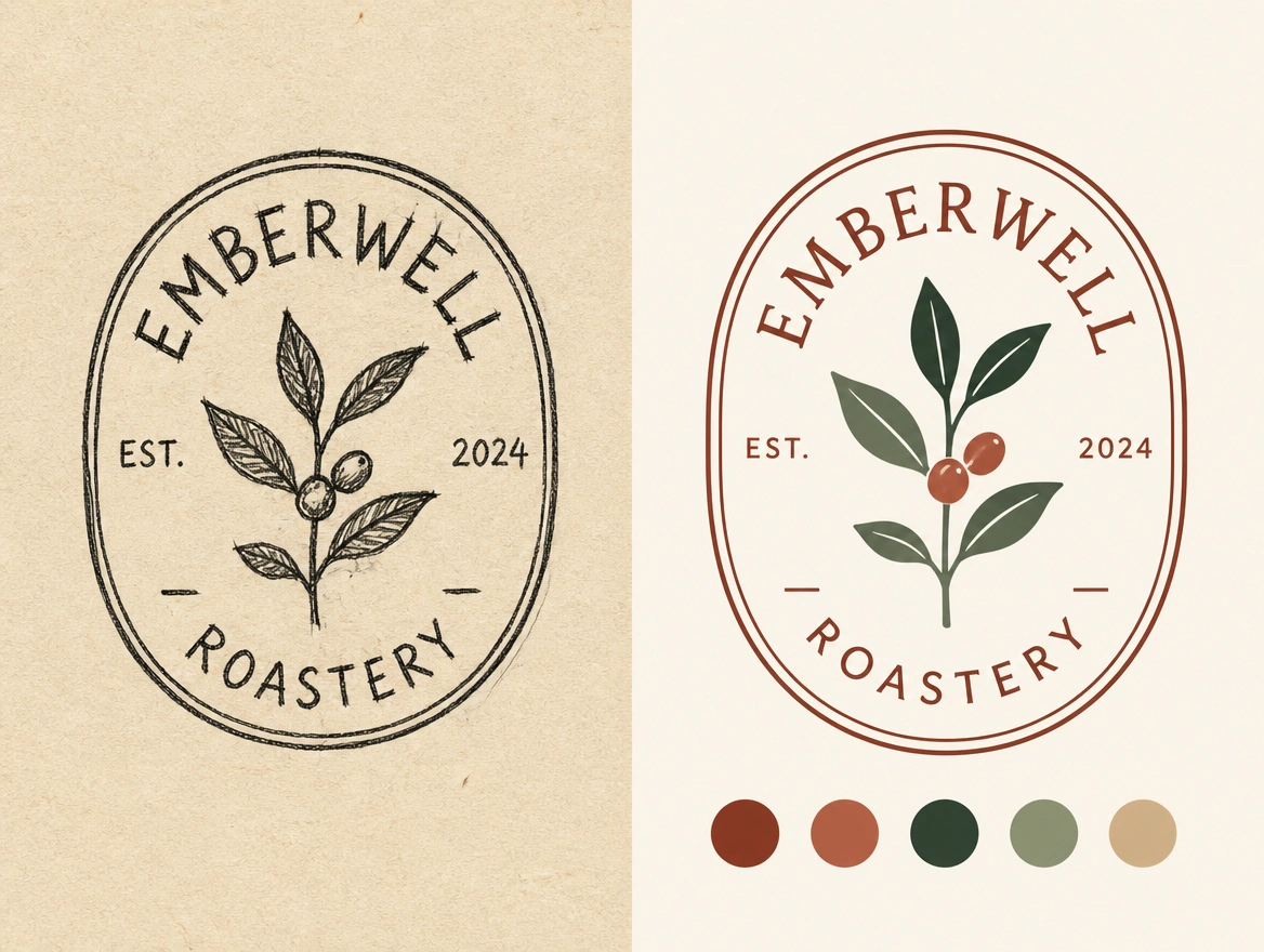 A before and after board pairing a roastery's hand-drawn first logo with its redrawn version and palette