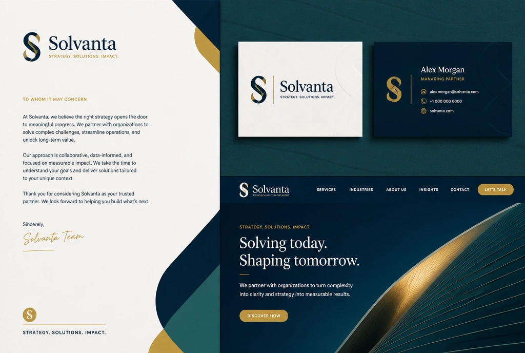 A matched set of a letterhead, a name card and a website header for one business in the same new logo