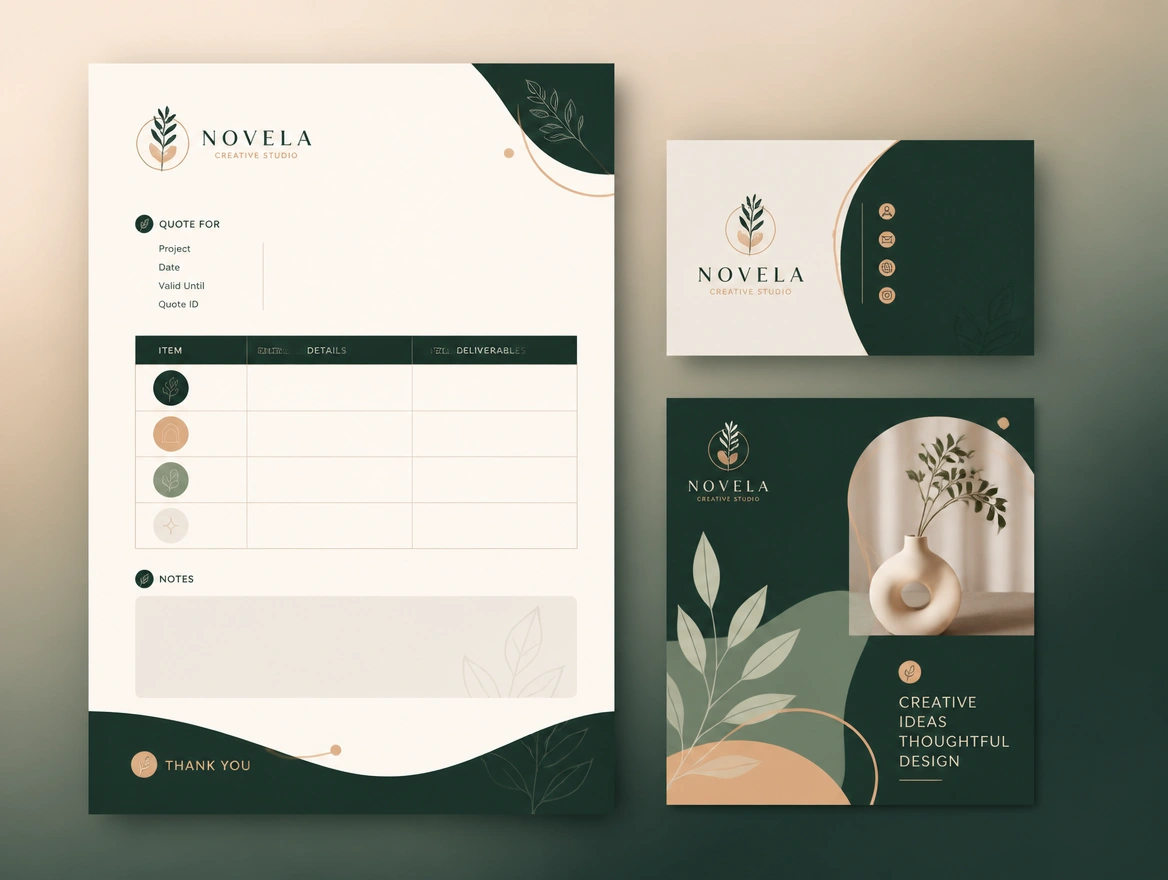 A quote document, a name card and a social post template rebuilt in one new logo and palette