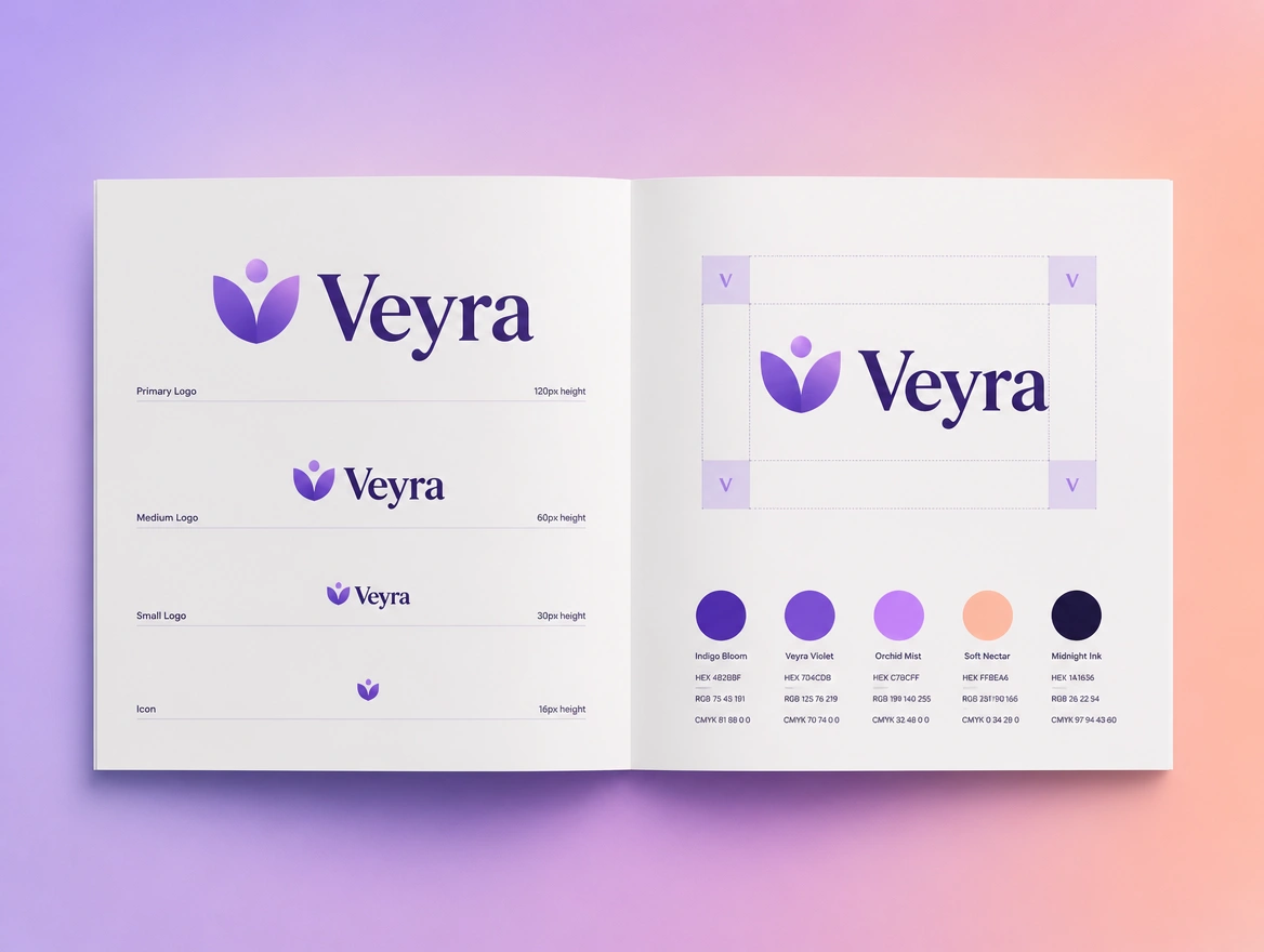A guidelines spread showing logo sizes, clear space and the colour codes written out beneath