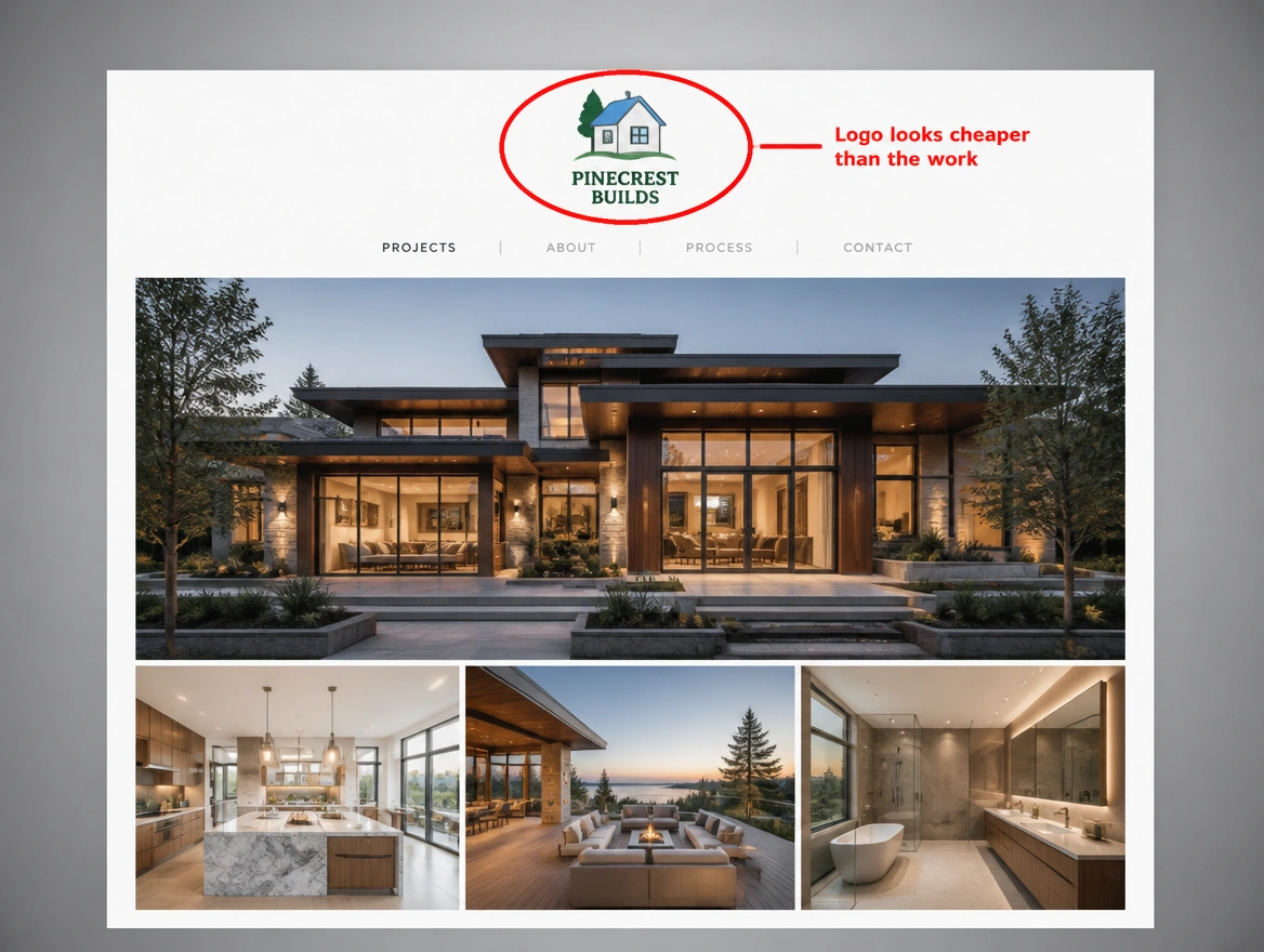 A polished portfolio page of finished work beside the crude logo at the top of it, marked in red